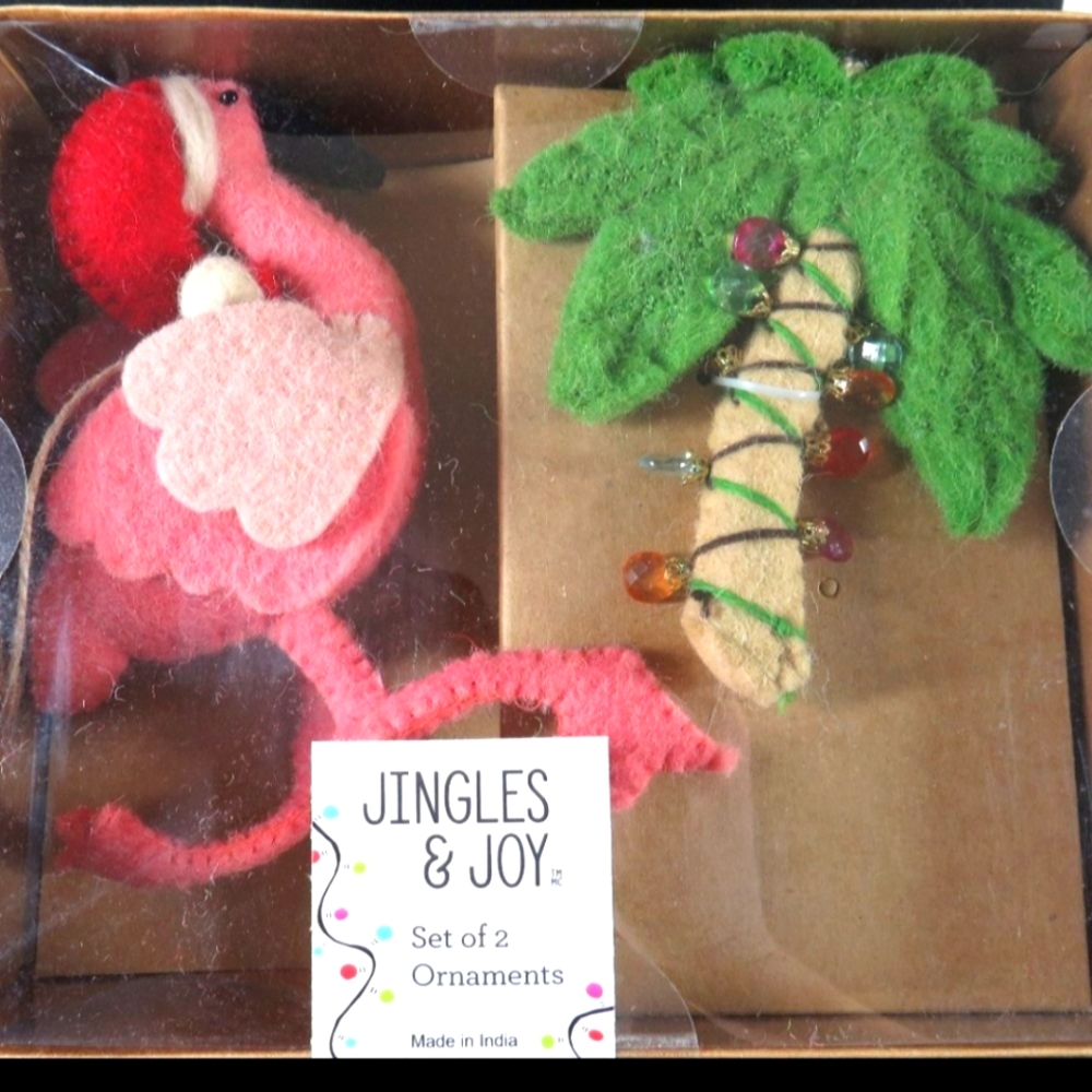 🌴🦩Flamingo & Palm Tree Felt Embellished Ornaments, Jingles & Joy🦩🌴